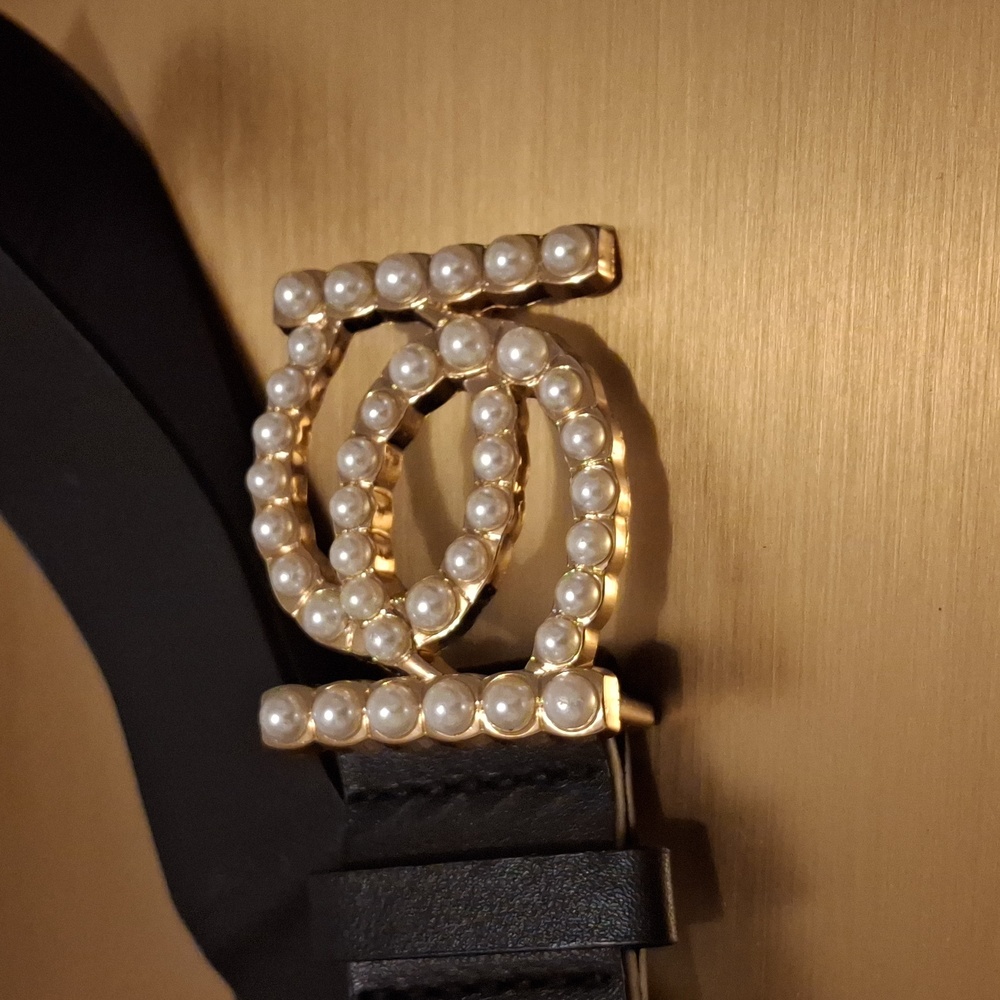 bebe Elegant Black Belt with Pearl Gold Buckle